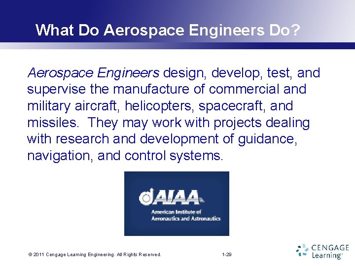 What Do Aerospace Engineers Do? Aerospace Engineers design, develop, test, and supervise the manufacture