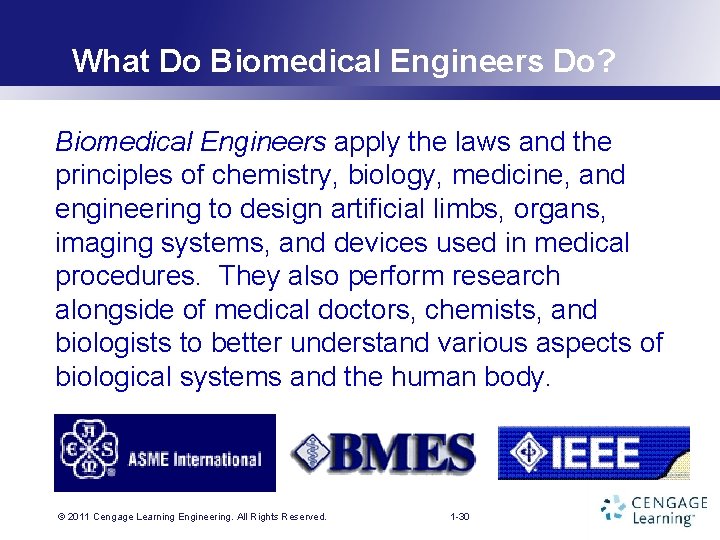 What Do Biomedical Engineers Do? Biomedical Engineers apply the laws and the principles of