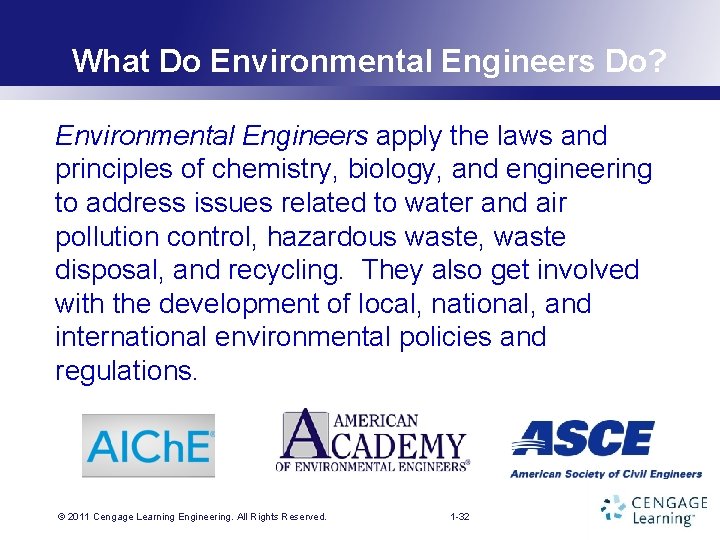 What Do Environmental Engineers Do? Environmental Engineers apply the laws and principles of chemistry,