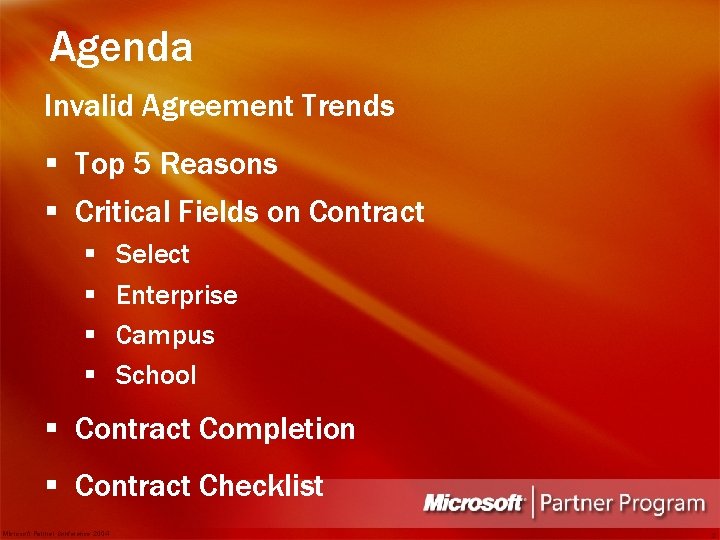 Agenda Invalid Agreement Trends § Top 5 Reasons § Critical Fields on Contract §