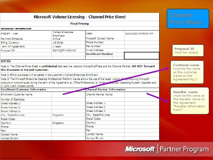 Channel Price Sheet Proposal ID must be unique Customer name must be the same