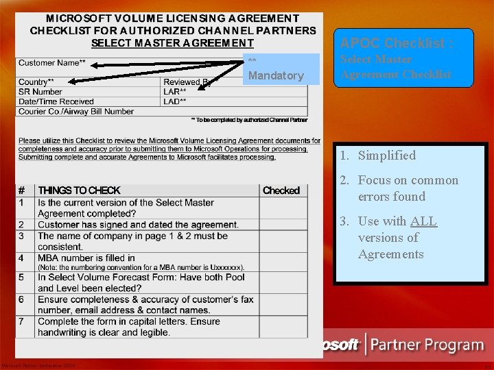 APOC Checklist : ** Mandatory Select Master Agreement Checklist 1. Simplified 2. Focus on