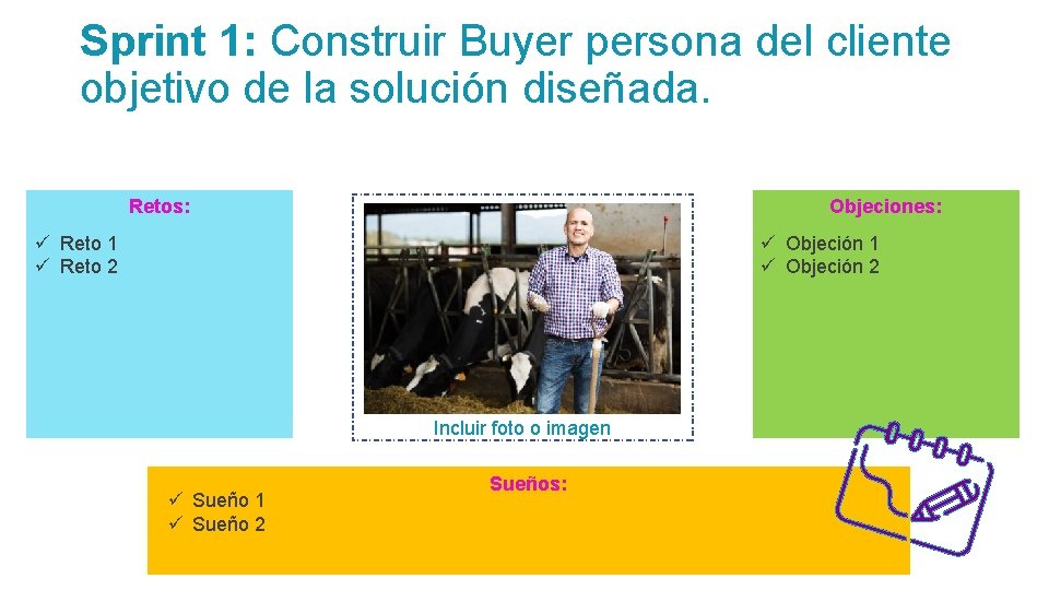 Sprint 1: Construir Buyer persona del cliente objetivo de la solución diseñada. Objeciones: Retos: