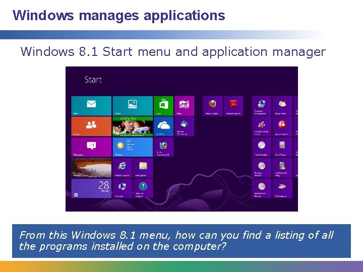 Windows manages applications Windows 8. 1 Start menu and application manager From this Windows