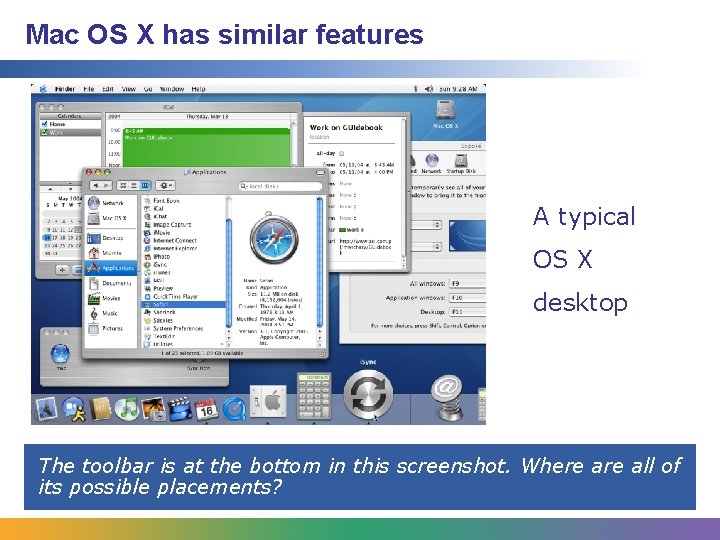 Mac OS X has similar features A typical OS X desktop The toolbar is