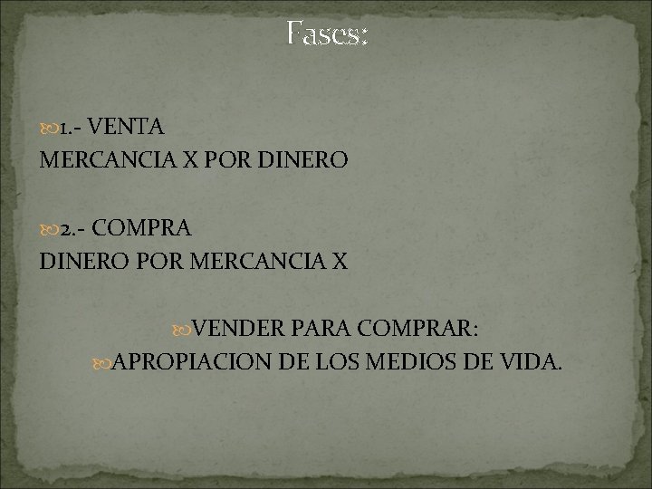 Fases: 1. - VENTA MERCANCIA X POR DINERO 2. - COMPRA DINERO POR MERCANCIA