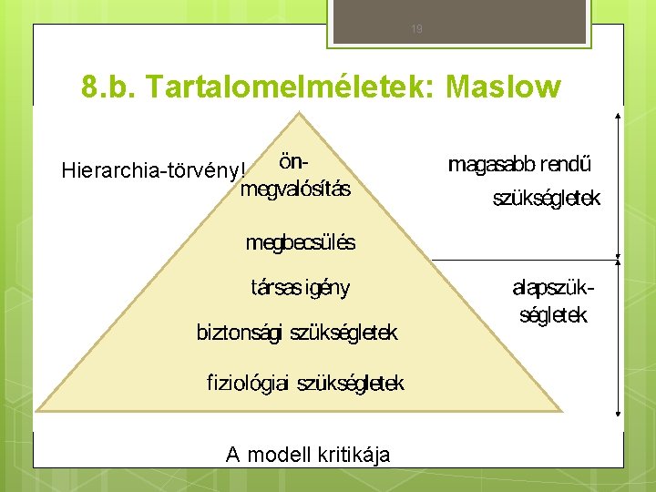 19 8. b. Tartalomelméletek: Maslow Hierarchia-törvény! A modell kritikája 