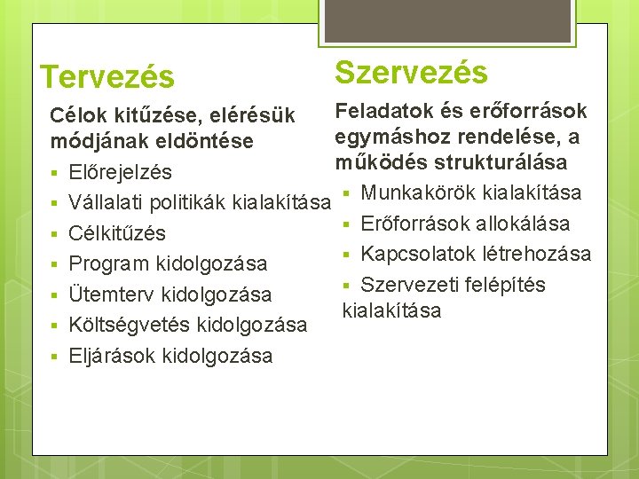 Tervezés Szervezés Feladatok és erőforrások Célok kitűzése, elérésük egymáshoz rendelése, a módjának eldöntése működés