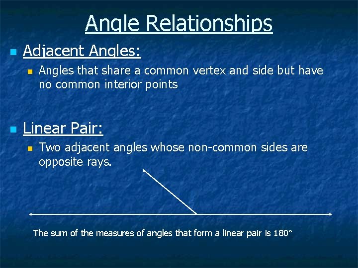 Angle Relationships n Adjacent Angles: n n Angles that share a common vertex and