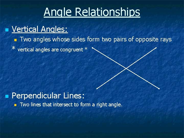 Angle Relationships n Vertical Angles: n * n Two angles whose sides form two