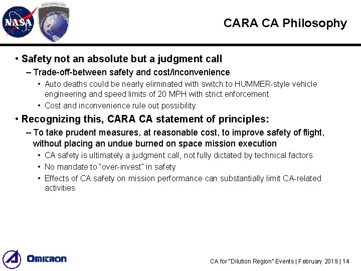 CARA CA Philosophy • Safety not an absolute but a judgment call – Trade-off-between CARA CA Philosophy • Safety not an absolute but a judgment call – Trade-off-between