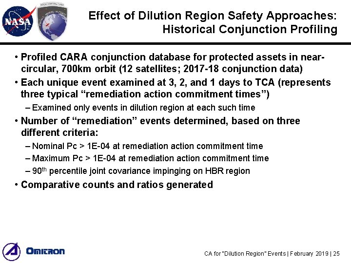 Effect of Dilution Region Safety Approaches: Historical Conjunction Profiling • Profiled CARA conjunction database Effect of Dilution Region Safety Approaches: Historical Conjunction Profiling • Profiled CARA conjunction database
