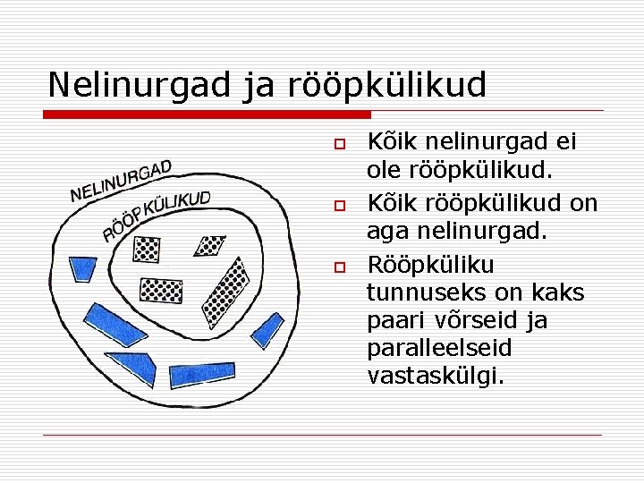 Nelinurgad ja rööpkülikud o o o Kõik nelinurgad ei ole rööpkülikud. Kõik rööpkülikud on