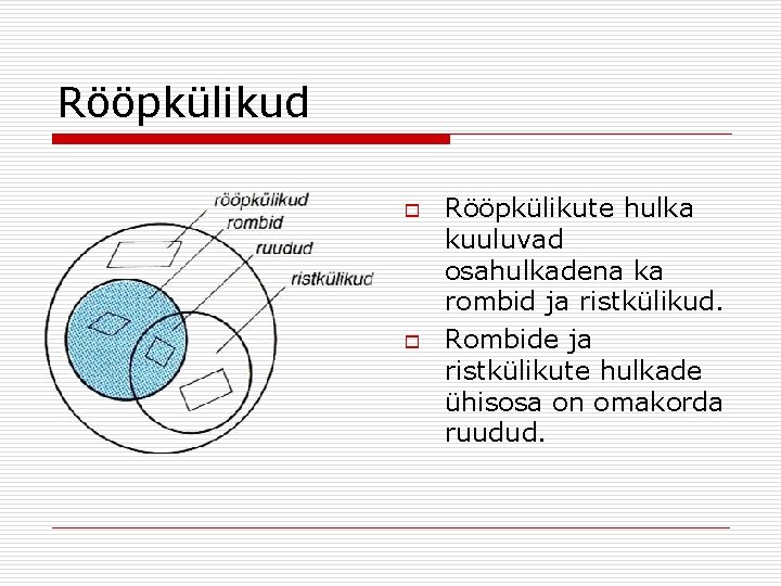 Rööpkülikud o o Rööpkülikute hulka kuuluvad osahulkadena ka rombid ja ristkülikud. Rombide ja ristkülikute