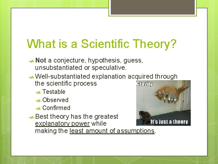 What is a Scientific Theory? Not a conjecture, hypothesis, guess, unsubstantiated or speculative. Well-substantiated