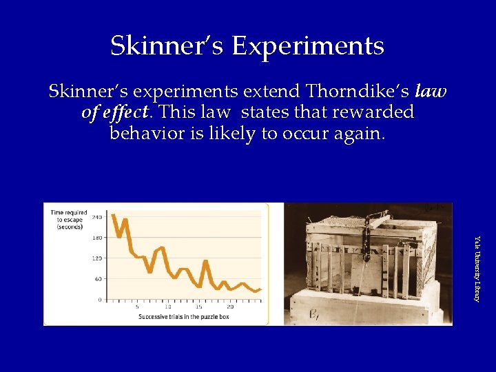 Skinner’s Experiments Skinner’s experiments extend Thorndike’s law of effect. This law states that rewarded