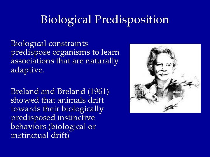 Biological Predisposition Biological constraints predispose organisms to learn associations that are naturally adaptive. Breland