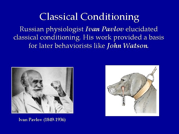 Classical Conditioning Russian physiologist Ivan Pavlov elucidated classical conditioning. His work provided a basis