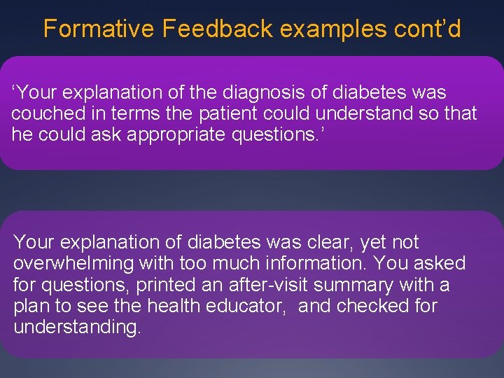 Formative Feedback examples cont’d ‘Your explanation of the diagnosis of diabetes was couched in Formative Feedback examples cont’d ‘Your explanation of the diagnosis of diabetes was couched in