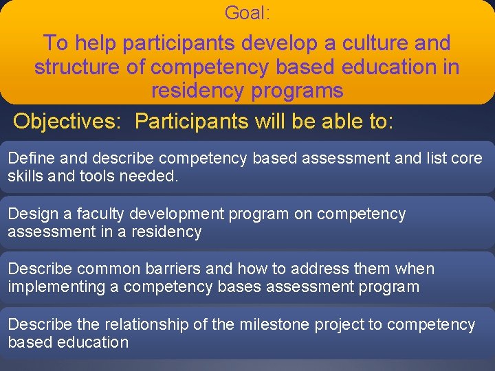 Goal: To help participants develop a culture and structure of competency based education in Goal: To help participants develop a culture and structure of competency based education in