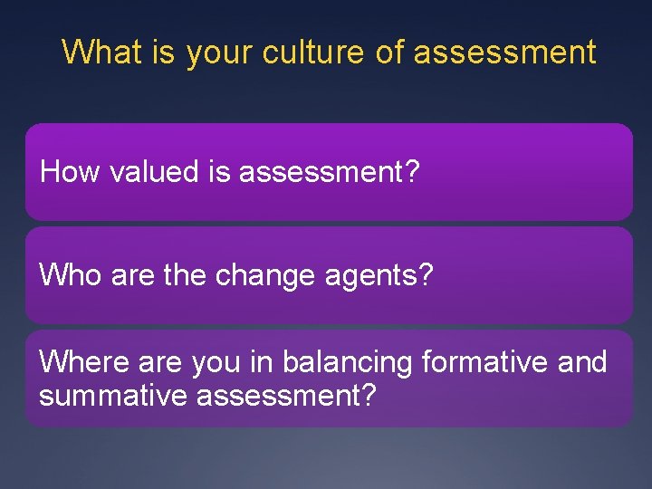 What is your culture of assessment How valued is assessment? Who are the change What is your culture of assessment How valued is assessment? Who are the change