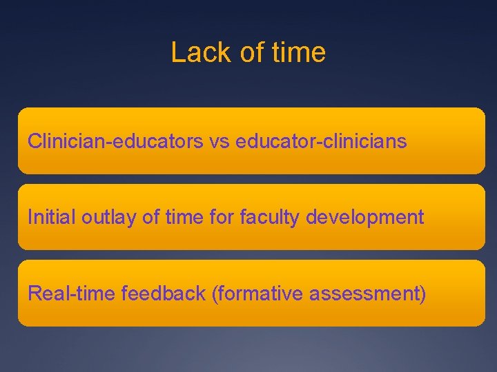 Lack of time Clinician-educators vs educator-clinicians Initial outlay of time for faculty development Real-time Lack of time Clinician-educators vs educator-clinicians Initial outlay of time for faculty development Real-time