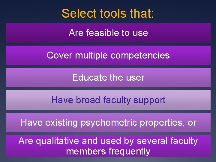 Select tools that: Are feasible to use Cover multiple competencies Educate the user Have Select tools that: Are feasible to use Cover multiple competencies Educate the user Have