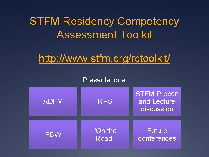 STFM Residency Competency Assessment Toolkit http: //www. stfm. org/rctoolkit/ Presentations ADFM RPS STFM Precon STFM Residency Competency Assessment Toolkit http: //www. stfm. org/rctoolkit/ Presentations ADFM RPS STFM Precon