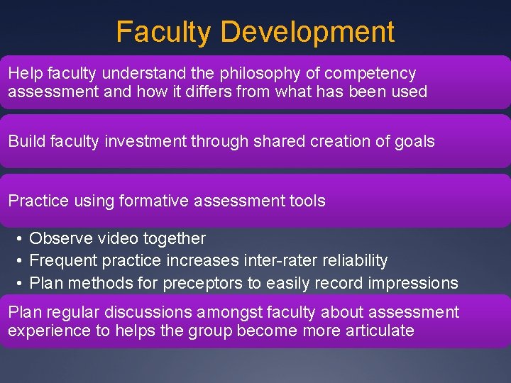 Faculty Development Help faculty understand the philosophy of competency assessment and how it differs Faculty Development Help faculty understand the philosophy of competency assessment and how it differs