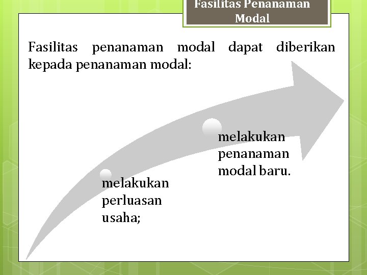 Fasilitas Penanaman Modal Fasilitas penanaman modal dapat diberikan kepada penanaman modal: melakukan perluasan usaha;