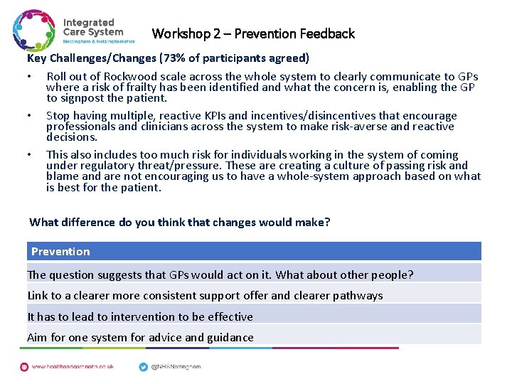Workshop 2 – Prevention Feedback Key Challenges/Changes (73% of participants agreed) • Roll out
