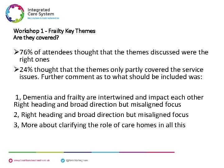 Workshop 1 - Frailty Key Themes Are they covered? Ø 76% of attendees thought