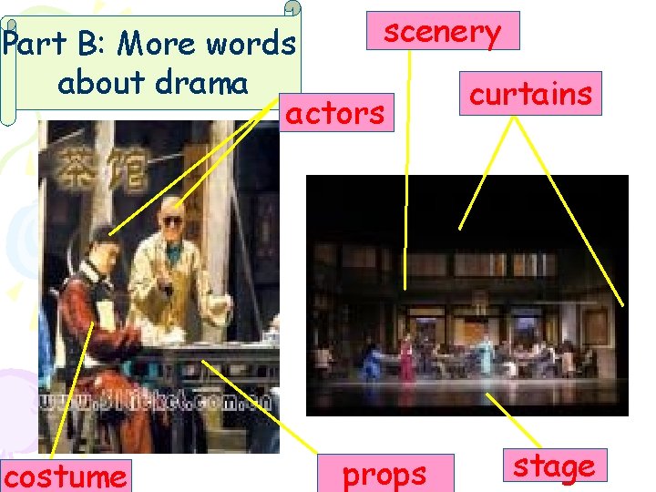 scenery Part B: More words about drama curtains actors costume props stage 