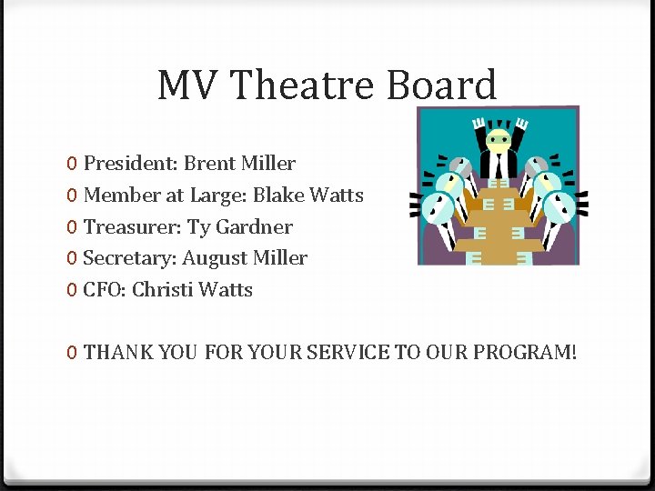 MV Theatre Board 0 President: Brent Miller 0 Member at Large: Blake Watts 0