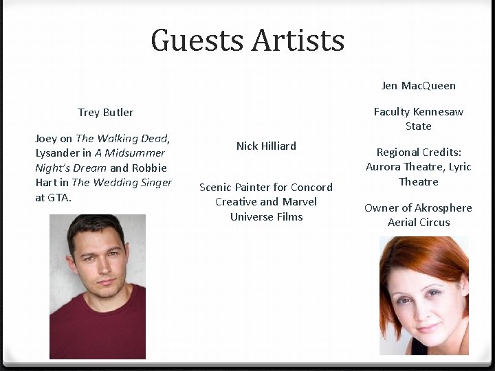 Guests Artists Jen Mac. Queen Faculty Kennesaw State Trey Butler Joey on The Walking