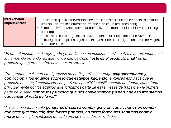 Intervención implementada • Se destaca que la intervencion siempre se considera objeto de posibles