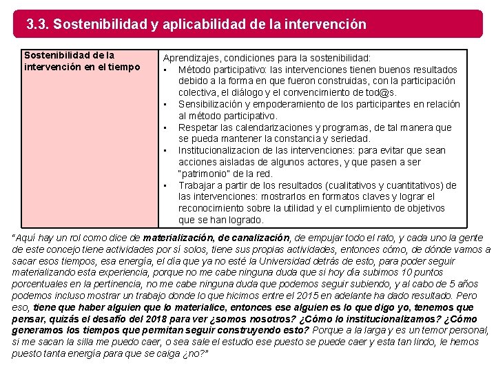 3. 3. Sostenibilidad y aplicabilidad de la intervención Sostenibilidad de la intervención en el