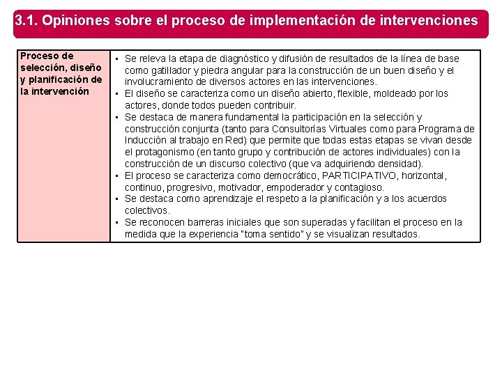 3. 1. Opiniones sobre el proceso de implementación de intervenciones Proceso de selección, diseño