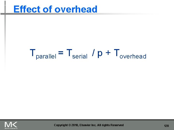 Effect of overhead Tparallel = Tserial / p + Toverhead Copyright © 2010, Elsevier