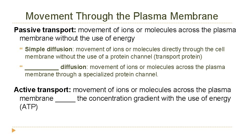 Movement Through the Plasma Membrane Passive transport: movement of ions or molecules across the