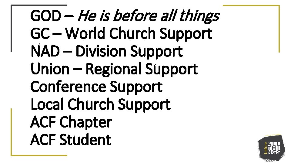 GOD – He is before all things GC – World Church Support NAD –