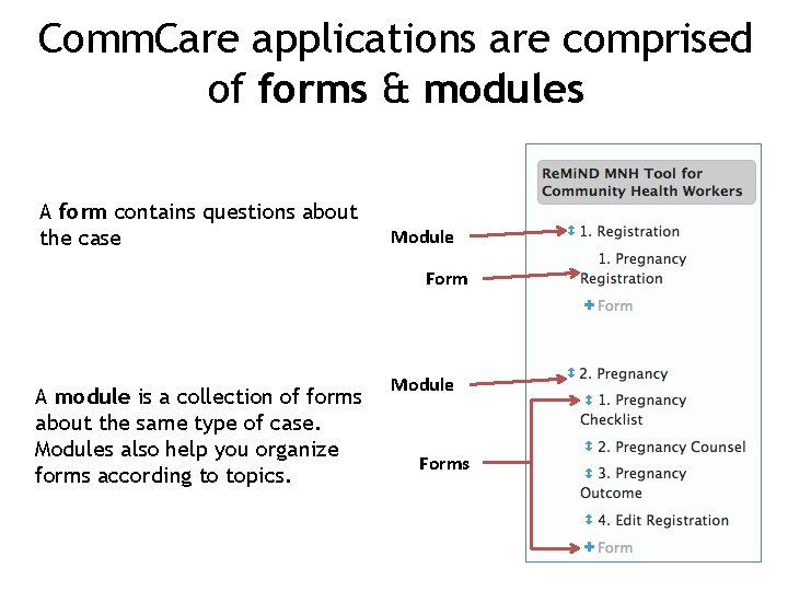Comm. Care applications are comprised of forms & modules A form contains questions about