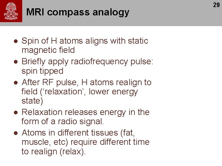 MRI compass analogy l l l Spin of H atoms aligns with static magnetic