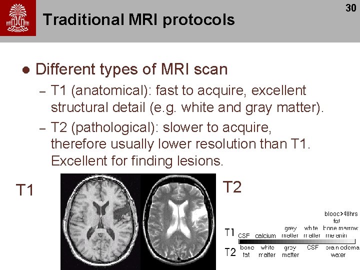 Traditional MRI protocols l Different types of MRI scan – – T 1 (anatomical):