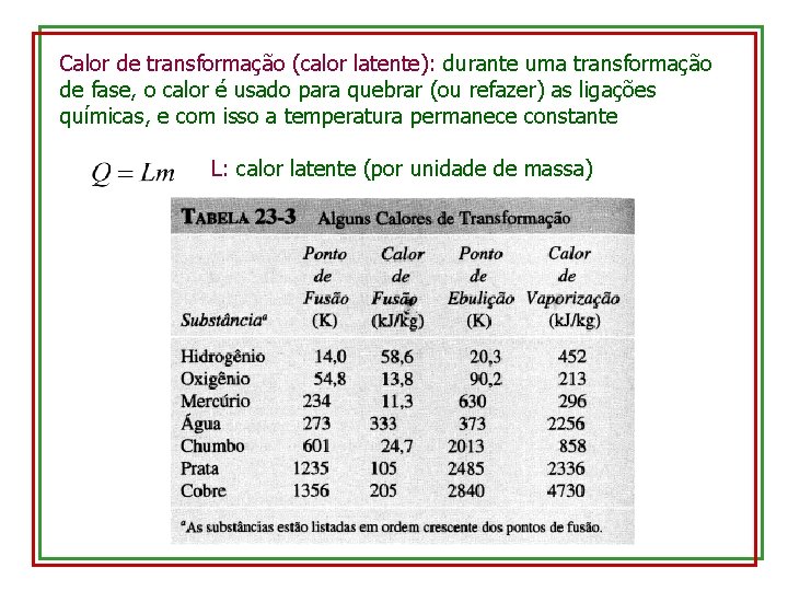 Calor de transformação (calor latente): durante uma transformação de fase, o calor é usado