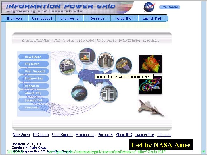 Information Power Grid Led by NASA Ames 2/26/2021 uri="gxos: //ptliu/communitygrid/courses/xinformatics" title="Grids P 2 P"