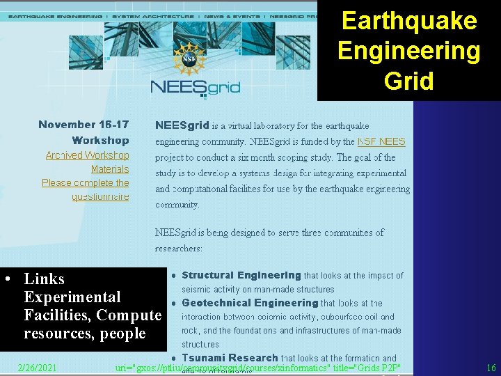 Earthquake Engineering Grid • Links Experimental Facilities, Compute resources, people 2/26/2021 uri="gxos: //ptliu/communitygrid/courses/xinformatics" title="Grids