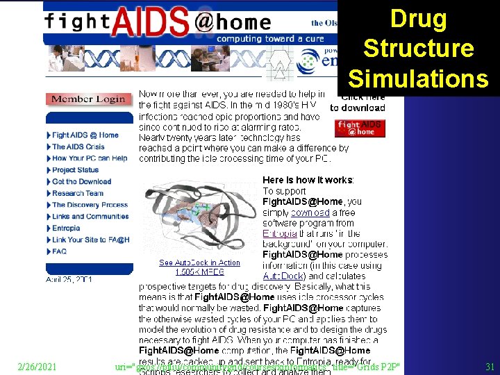 Drug Structure Simulations 2/26/2021 uri="gxos: //ptliu/communitygrid/courses/xinformatics" title="Grids P 2 P" 31 