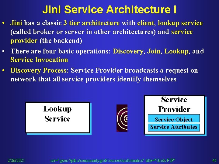 Jini Service Architecture I • Jini has a classic 3 tier architecture with client,