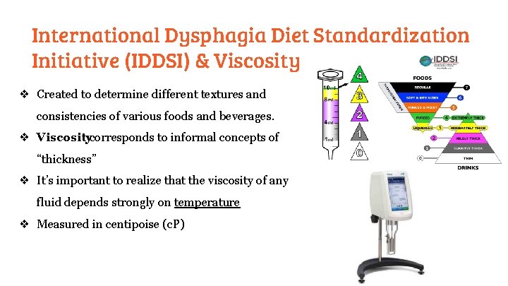 International Dysphagia Diet Standardization Initiative (IDDSI) & Viscosity ❖ Created to determine different textures